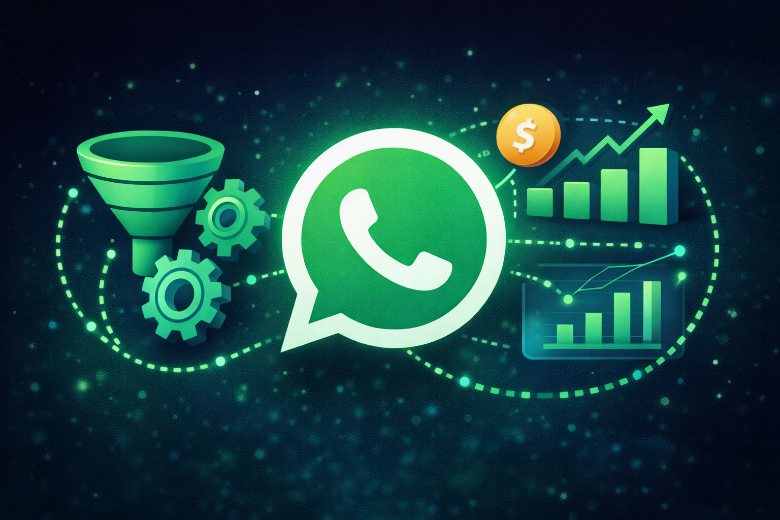 Ilustração de automação no WhatsApp com ícone do aplicativo conectado a funil de vendas, engrenagens e gráficos de crescimento, representando aumento de vendas e produtividade com Go High Level.