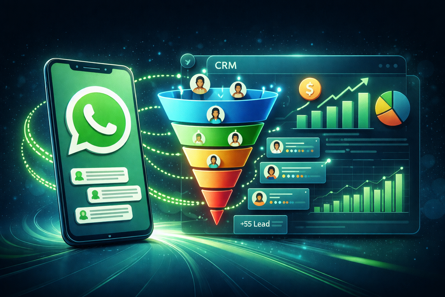 Ilustração digital mostrando um funil de vendas no WhatsApp integrado a um CRM, com um smartphone exibindo o logo do WhatsApp, leads passando por um funil colorido e um painel com gráficos e métricas de desempenho.