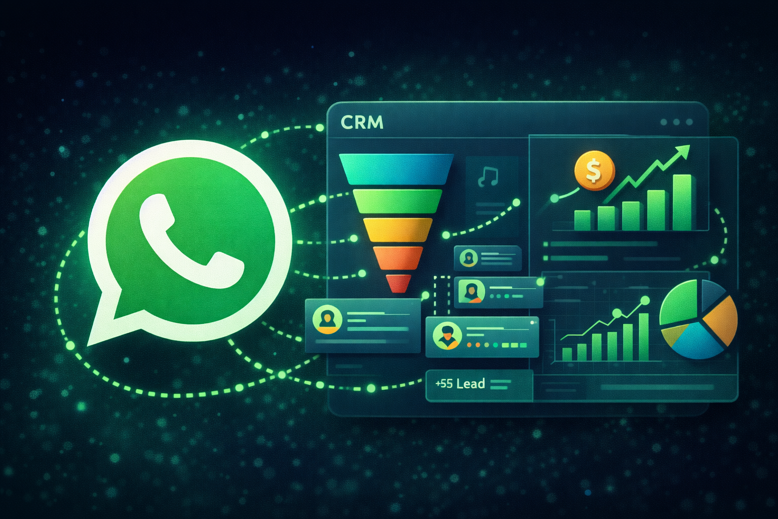 Ilustração mostrando o ícone do WhatsApp conectado a um painel de CRM com funil de vendas, contatos e gráficos de crescimento, representando o WhatsApp integrado ao CRM.