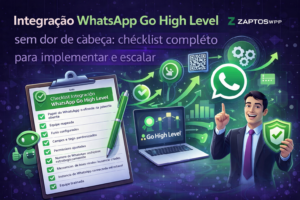 Ilustração mostrando um checklist em prancheta, notebook com Go High Level na tela, ícone do WhatsApp e um gestor segurando um escudo verde, representando a integração WhatsApp Go High Level sem dor de cabeça com checklist completo para implementar e escalar.
