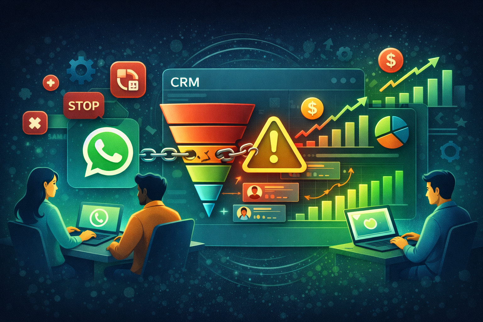 Ilustração digital mostrando um time analisando um painel de CRM com funil de vendas, ícone do WhatsApp, alertas de erro e gráficos, representando erros na integração WhatsApp Go High Level.