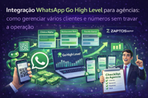 Ilustração mostrando a integração WhatsApp Go High Level para agências, com laptop exibindo o painel do Go High Level, ícone do WhatsApp, vários funis de clientes diferentes, celulares com conversas e um gestor segurando checklist, representando gestão de vários clientes e números sem travar a operação.