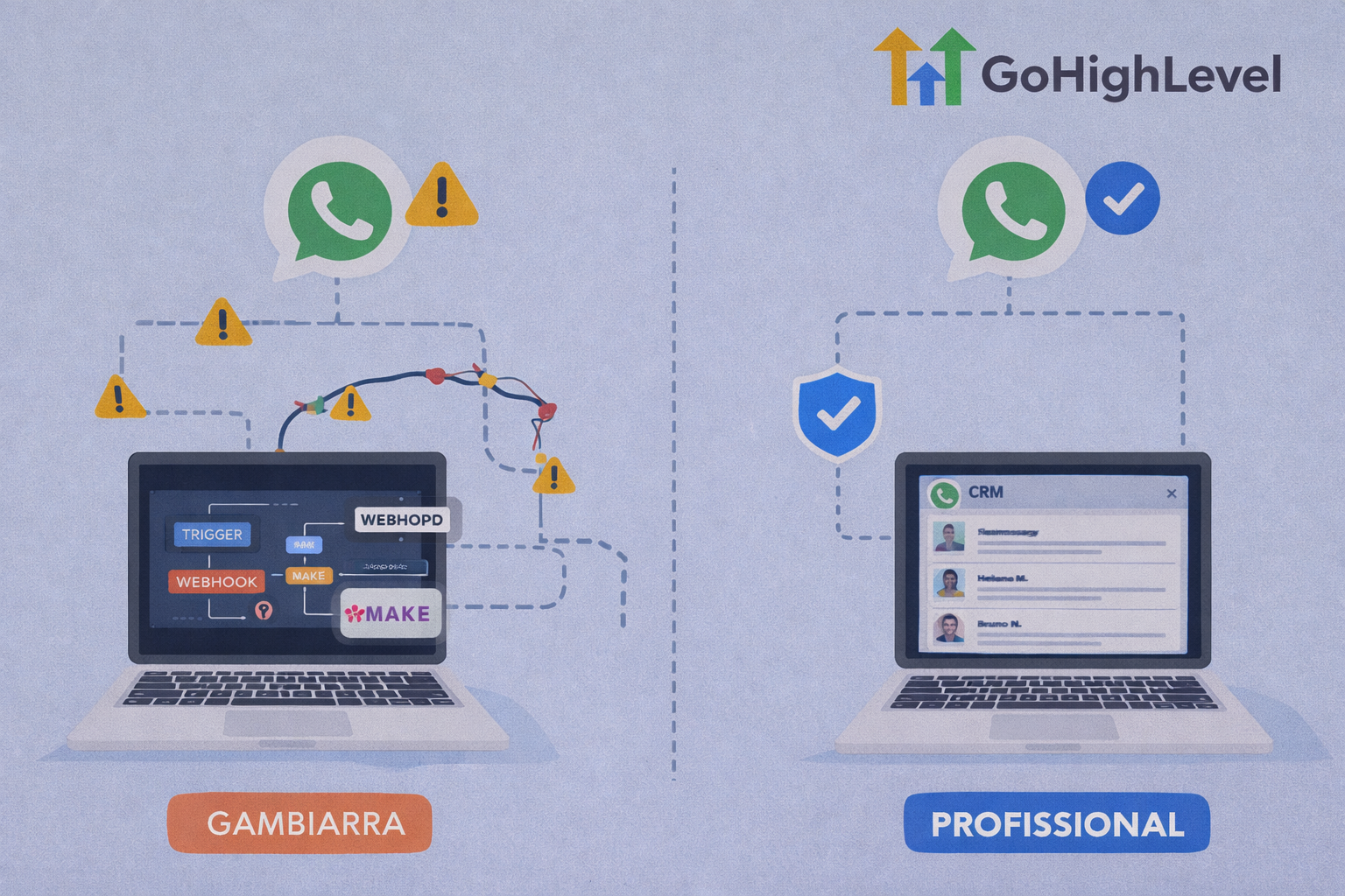 Ilustração comparando integração WhatsApp + GoHighLevel: “gambiarra” com alertas e fluxos quebrados vs “profissional” com conexão segura e CRM organizado