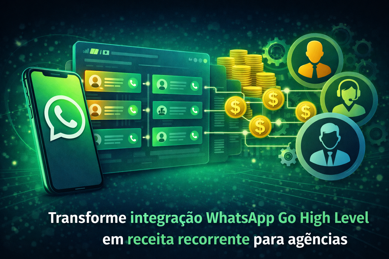 Ilustração mostrando um celular com logo do WhatsApp ao lado de um painel de CRM, contatos ligados a ícones de cifrão e pilhas de moedas, representando integração WhatsApp Go High Level gerando receita recorrente para agências.