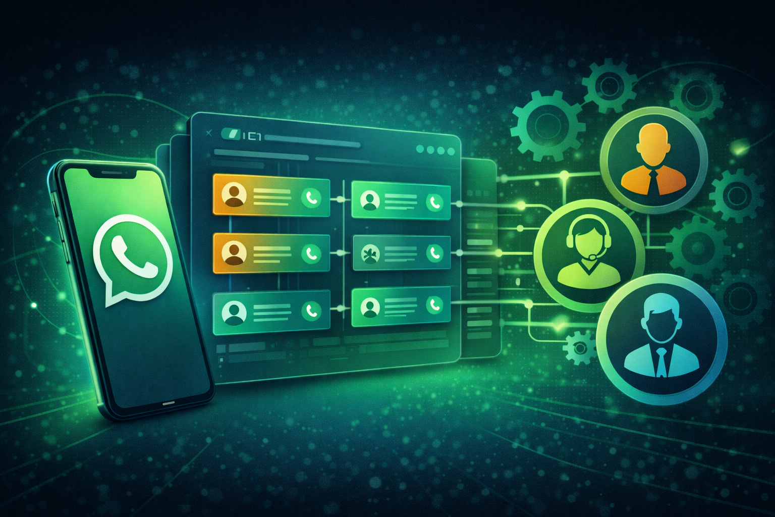 Ilustração mostrando um celular com o logo do WhatsApp ao lado de um painel de CRM do Go High Level, com cards de contatos e ícones de atendentes conectados por engrenagens, representando o atendimento organizado com WhatsApp integrado ao Go High Level.