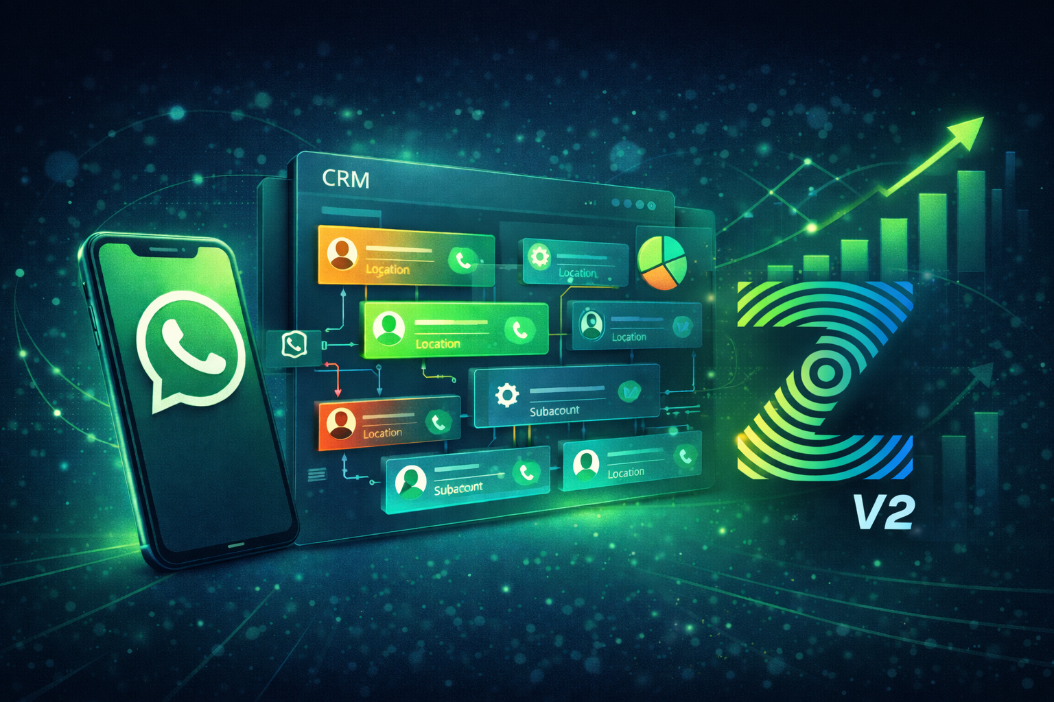 Ilustração digital mostrando a logo da ZaptosWPP V2 em destaque ao lado de um smartphone com o ícone do WhatsApp e um painel de CRM com múltiplas subcontas conectadas, representando a integração WhatsApp Go High Level.