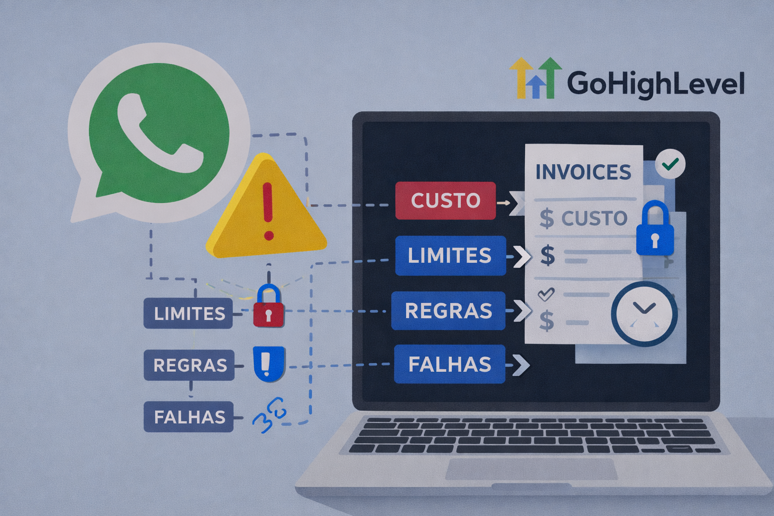 Ilustração mostrando WhatsApp conectado ao GoHighLevel com ícones de custo, limites, regras e falhas, destacando pontos a considerar antes de integrar.